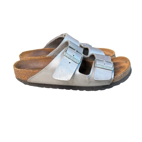 Women's Birkenstock Arizona Silver Birko-Flor Soft Footbed Size 37 Narrow US 6 - Picture 4 of 11